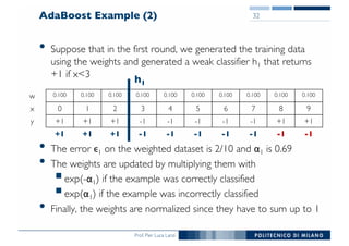 Prof. Pier Luca Lanzi
AdaBoost Example (2)
• Suppose that in the first round, we generated the training data
using the weights and generated a weak classifier h1 that returns
+1 if x<3
• The error ϵ1 on the weighted dataset is 2/10 and α1 is 0.69
• The weights are updated by multiplying them with
§exp(-α1) if the example was correctly classified
§exp(α1) if the example was incorrectly classified
• Finally, the weights are normalized since they have to sum up to 1
32
w 0.100 0.100 0.100 0.100 0.100 0.100 0.100 0.100 0.100 0.100
x 0 1 2 3 4 5 6 7 8 9
y +1 +1 +1 -1 -1 -1 -1 -1 +1 +1
+1 +1 +1 -1 -1 -1 -1 -1 -1 -1
h1
 