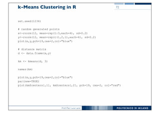 Prof. Pier Luca Lanzi
k-Means Clustering in R
set.seed(1234)
# random generated points
x<-rnorm(12, mean=rep(1:3,each=4), sd=0.2)
y<-rnorm(12, mean=rep(c(1,2,1),each=4), sd=0.2)
plot(x,y,pch=19,cex=2,col="blue")
# distance matrix
d <- data.frame(x,y)
km <- kmeans(d, 3)
names(km)
plot(x,y,pch=19,cex=2,col="blue")
par(new=TRUE)
plot(km$centers[,1], km$centers[,2], pch=19, cex=2, col="red")
72
 