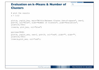 Prof. Pier Luca Lanzi
Evaluation on k-Means & Number of
Clusters
# plot the results
x = 1:12
plot(x, y=plot_bss, main="Within/Between Cluster Sum-of-square", cex=2,
pch=18, col="blue", xlab="Number of Clusters", ylab="Evaluation",
ylim=c(0,700))
lines(x, plot_bss, col="blue")
par(new=TRUE)
plot(x, y=plot_wss, cex=2, pch=19, col="red", ylab="", xlab="",
ylim=c(0,700))
lines(x,plot_wss, col="red");
75
 