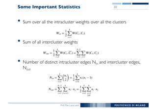 Prof. Pier Luca Lanzi
Some Important Statistics
• Sum over all the intracluster weights over all the clusters
• Sum of all intercluster weights
• Number of distinct intracluster edges Nin and intercluster edges,
Nout
20
 