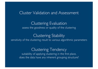 Prof. Pier Luca Lanzi
Cluster Validation and Assessment
Clustering Evaluation
assess the goodness or quality of the clustering
Clustering Stability
sensitivity of the clustering result to various algorithmic parameters
Clustering Tendency
suitability of applying clustering in the first place,
does the data have any inherent grouping structure?
3
 