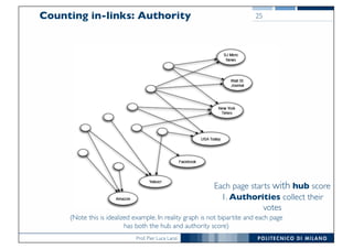 Prof. Pier Luca Lanzi
Counting in-links: Authority 25
(Note this is idealized example. In reality graph is not bipartite and each page
has both the hub and authority score)
Each page starts with hub score
1. Authorities collect their
votes
 