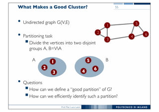 Prof. Pier Luca Lanzi
What Makes a Good Cluster?
• Undirected graph G(V,E)
• Partitioning task
§Divide the vertices into two disjoint
groups A, B=VA
• Questions
§How can we define a “good partition” of G?
§How can we efficiently identify such a partition?
55
1
3
2
5
4
6
1
3
2
5
4
6
A B
 