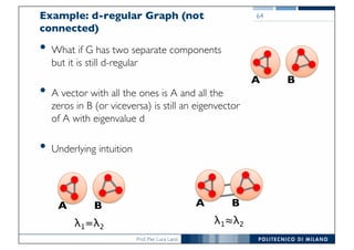 Prof. Pier Luca Lanzi
Example: d-regular Graph (not
connected)
• What if G has two separate components
but it is still d-regular
• A vector with all the ones is A and all the
zeros in B (or viceversa) is still an eigenvector
of A with eigenvalue d
• Underlying intuition
64
A B
A B A B
λ1=λ2
λ1≈λ2
 