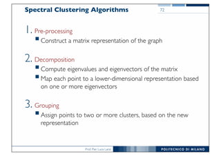 Prof. Pier Luca Lanzi
Spectral Clustering Algorithms
1. Pre-processing
§Construct a matrix representation of the graph
2. Decomposition
§Compute eigenvalues and eigenvectors of the matrix
§Map each point to a lower-dimensional representation based
on one or more eigenvectors
3. Grouping
§Assign points to two or more clusters, based on the new
representation
72
 
