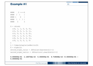 Prof. Pier Luca Lanzi
Example #1
#### 2 ----6
#### /  |
#### 1 4 |
####  /  |
#### 3 5
G = rbind(
c(0, 1, 1, 0, 0, 0),
c(1, 0, 0, 1, 0, 1),
c(1, 0, 0, 1, 0, 0),
c(0, 1, 1, 0, 1, 0),
c(0, 0, 0, 1, 0, 1),
c(0, 1, 0, 0, 1, 0)
)
L = ComputeLaplacianMatrix(G)
E = eigen(L)
second_eigen_value = (E$value)[max(dim(L))-1]
second_eigen_vector = (E$vectors)[,max(dim(L))-1]
5.000000e-01 1.165734e-15 5.000000e-01 4.718448e-16 -5.000000e-01 -
5.000000e-01
80
 