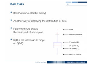 Prof. Pier Luca Lanzi
Box Plots
• Box Plots (invented by Tukey)
• Another way of displaying the distribution of data
• Following figure shows
the basic part of a box plot
• IQR is the interquartile range
or Q3-Q1
36
outlier
Min (> Q1 -1.5 IQR)
1st quartile (Q1)
3rd quartile (Q3)
2nd quartile (Q2)
Max ( < Q3 +1.5 IQR)
 