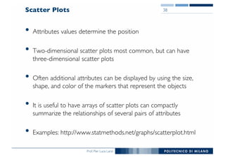 Prof. Pier Luca Lanzi
Scatter Plots
• Attributes values determine the position
• Two-dimensional scatter plots most common, but can have
three-dimensional scatter plots
• Often additional attributes can be displayed by using the size,
shape, and color of the markers that represent the objects
• It is useful to have arrays of scatter plots can compactly
summarize the relationships of several pairs of attributes
• Examples: http://www.statmethods.net/graphs/scatterplot.html
38
 