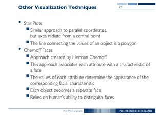 Prof. Pier Luca Lanzi
Other Visualization Techniques
• Star Plots
§Similar approach to parallel coordinates,
but axes radiate from a central point
§The line connecting the values of an object is a polygon
• Chernoff Faces
§Approach created by Herman Chernoff
§This approach associates each attribute with a characteristic of
a face
§The values of each attribute determine the appearance of the
corresponding facial characteristic
§Each object becomes a separate face
§Relies on human’s ability to distinguish faces
47
 