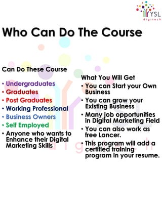 Who Can Do The Course
Can Do These Course
• Undergraduates
• Graduates
• Post Graduates
• Working Professional
• Business ...