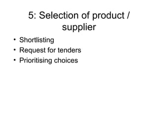 5: Selection of product / supplier Shortlisting Request for tenders Prioritising choices 