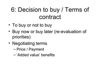 6: Decision to buy / Terms of contract To buy or not to buy Buy now or buy later (re-evaluation of priorities) Negotiating terms Price / Payment ‘ Added value’ benefits 