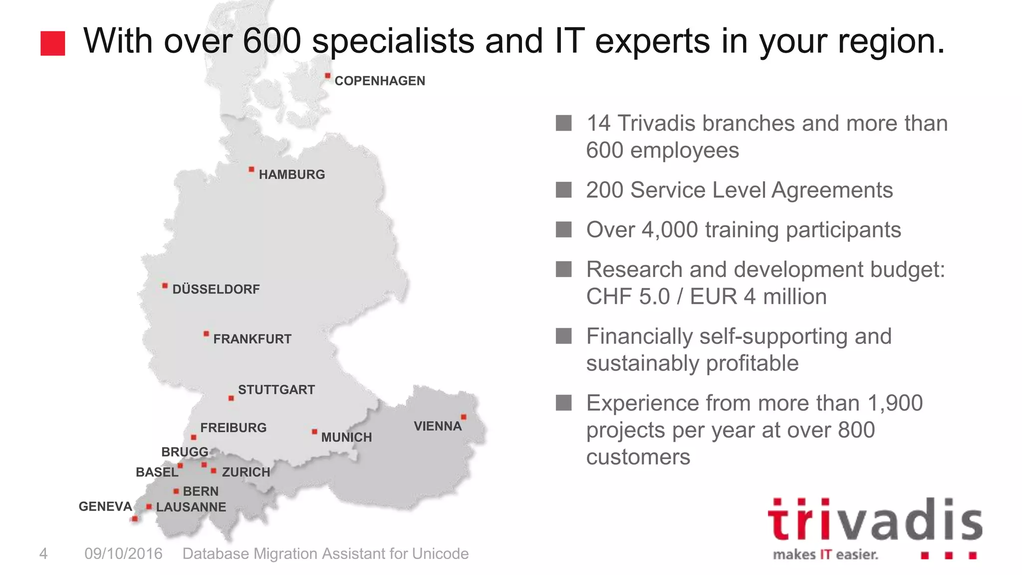 COPENHAGEN MUNICH LAUSANNE BERN ZURICH BRUGG GENEVA HAMBURG DÜSSELDORF FRANKFURT STUTTGART FREIBURG BASEL VIENNA With over 600 specialists and IT experts in your region. Database Migration Assistant for Unicode4 09/10/2016 14 Trivadis branches and more than 600 employees 200 Service Level Agreements Over 4,000 training participants Research and development budget: CHF 5.0 / EUR 4 million Financially self-supporting and sustainably profitable Experience from more than 1,900 projects per year at over 800 customers 