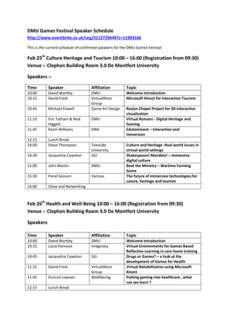 DMU Games Festival Speaker Schedule
http://www.eventbrite.co.uk/org/3112729644?s=11903166

This is the current schedule of confirmed speakers for the DMU Games Festival

Feb 25th Culture Heritage and Tourism 10:00 – 16:00 (Registration from 09:30)
Venue :- Clephan Building Room 3.0 De Montfort University

Speakers :-

Time        Speaker                 Affiliation         Topic
10:00       David Wortley           DMU                 Welcome Introduction
10:15       David Fried             VirtualWare         Microsoft Kinect for Interactive Tourism
                                    Group
10:45       Michael Powell          Game Art Design     Roslyn Chapel Project for 3D interactive
                                                        visualisation
11:15       Eric Tatham & Nick      DMU                 Virtual Romans - Digital Heritage and
            Higgett                                     Gaming
11:45       Kevin Williams          DNA                 Edutainment – Interaction and
                                                        Immersion
12:15       Lunch Break
14:00       Steve Thompson          Teesside            Culture and Heritage -Real world issues in
                                    University          virtual world settings
14:30       Jacqueline Cawston      SGI                 Shakespeare! Mandela! – immersive
                                                        digital culture
15:00       John Martin             DMU                 Beat the Ministry – Wartime Farming
                                                        Game
15:30       Panel Session           Various             The future of immersive technologies for
                                                        cuture, heritage and tourism
16:00       Close and Networking



Feb 26th Health and Well-Being 10:00 – 16:00 (Registration from 09:30)
Venue :- Clephan Building Room 3.0 De Montfort University

Speakers

Time        Speaker                 Affiliation         Topic
10:00       David Wortley           DMU                 Welcome Introduction
10:15       Lucia Pannese           Imaginary           Virtual Environments for Games Based
                                                        Reflective Learning in care home training
10:45       Jacqueline Cawston      SGI                 Drugs or Games? – a look at the
                                                        development of Games for Health
11:15       David Fried             VirtualWare         Virtual Rehabilitation using Microsoft
                                    Group               Kinect
11:45       Duncan Lawson           WebRacing           Putting gaming into healthcare , what
                                                        can we learn ?
12:15       Lunch Break
 