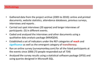 Methodology				Gathered data from the project archive (2005 to 2010): online and printed documents, website statistics, attendance databases, previous surveys, interviews and reports .
