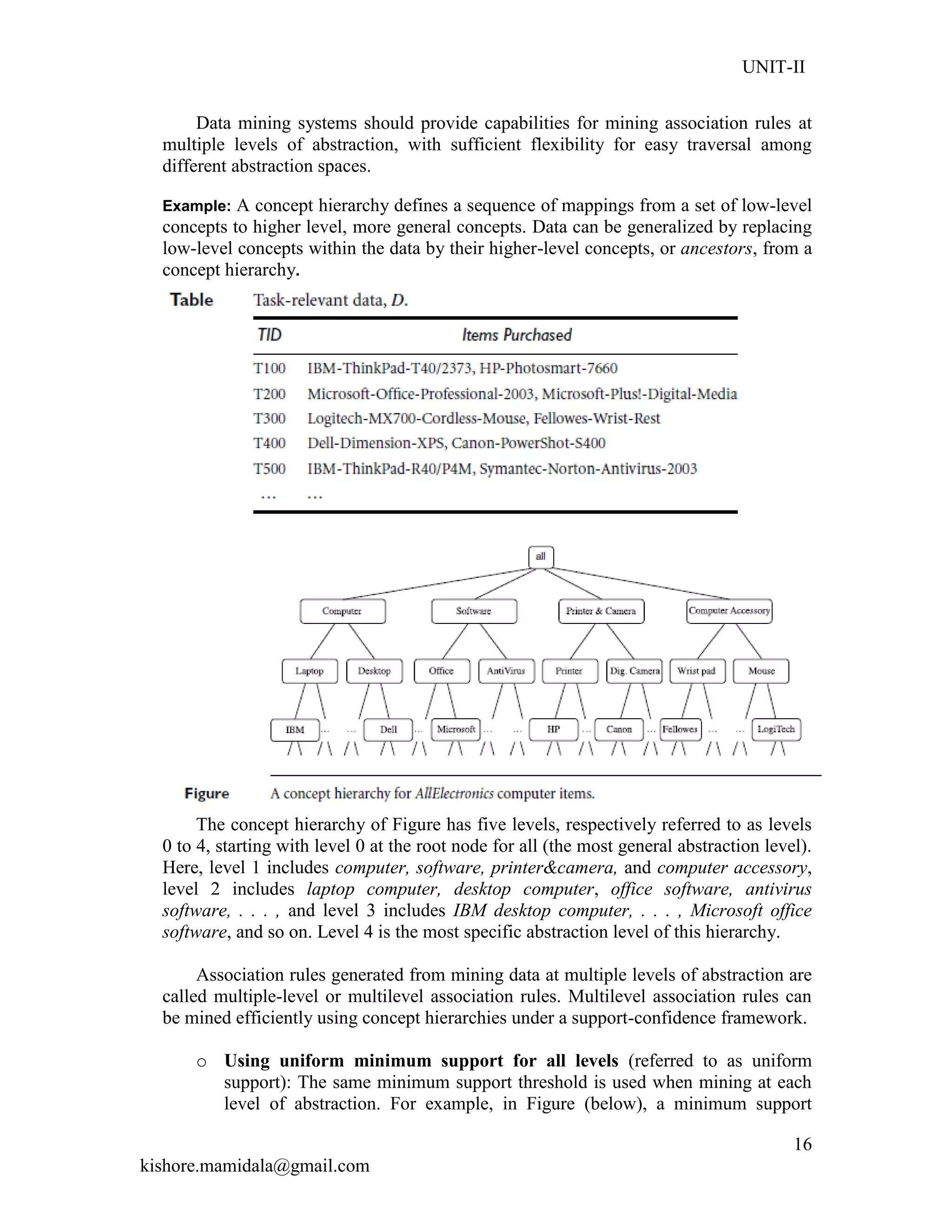 UNIT-II
kishore.mamidala@gmail.com
16
Data mining systems should provide capabilities for mining association rules at
multiple levels of abstraction, with sufficient flexibility for easy traversal among
different abstraction spaces.
Example: A concept hierarchy defines a sequence of mappings from a set of low-level
concepts to higher level, more general concepts. Data can be generalized by replacing
low-level concepts within the data by their higher-level concepts, or ancestors, from a
concept hierarchy.
The concept hierarchy of Figure has five levels, respectively referred to as levels
0 to 4, starting with level 0 at the root node for all (the most general abstraction level).
Here, level 1 includes computer, software, printer&camera, and computer accessory,
level 2 includes laptop computer, desktop computer, office software, antivirus
software, . . . , and level 3 includes IBM desktop computer, . . . , Microsoft office
software, and so on. Level 4 is the most specific abstraction level of this hierarchy.
Association rules generated from mining data at multiple levels of abstraction are
called multiple-level or multilevel association rules. Multilevel association rules can
be mined efficiently using concept hierarchies under a support-confidence framework.
o Using uniform minimum support for all levels (referred to as uniform
support): The same minimum support threshold is used when mining at each
level of abstraction. For example, in Figure (below), a minimum support
 