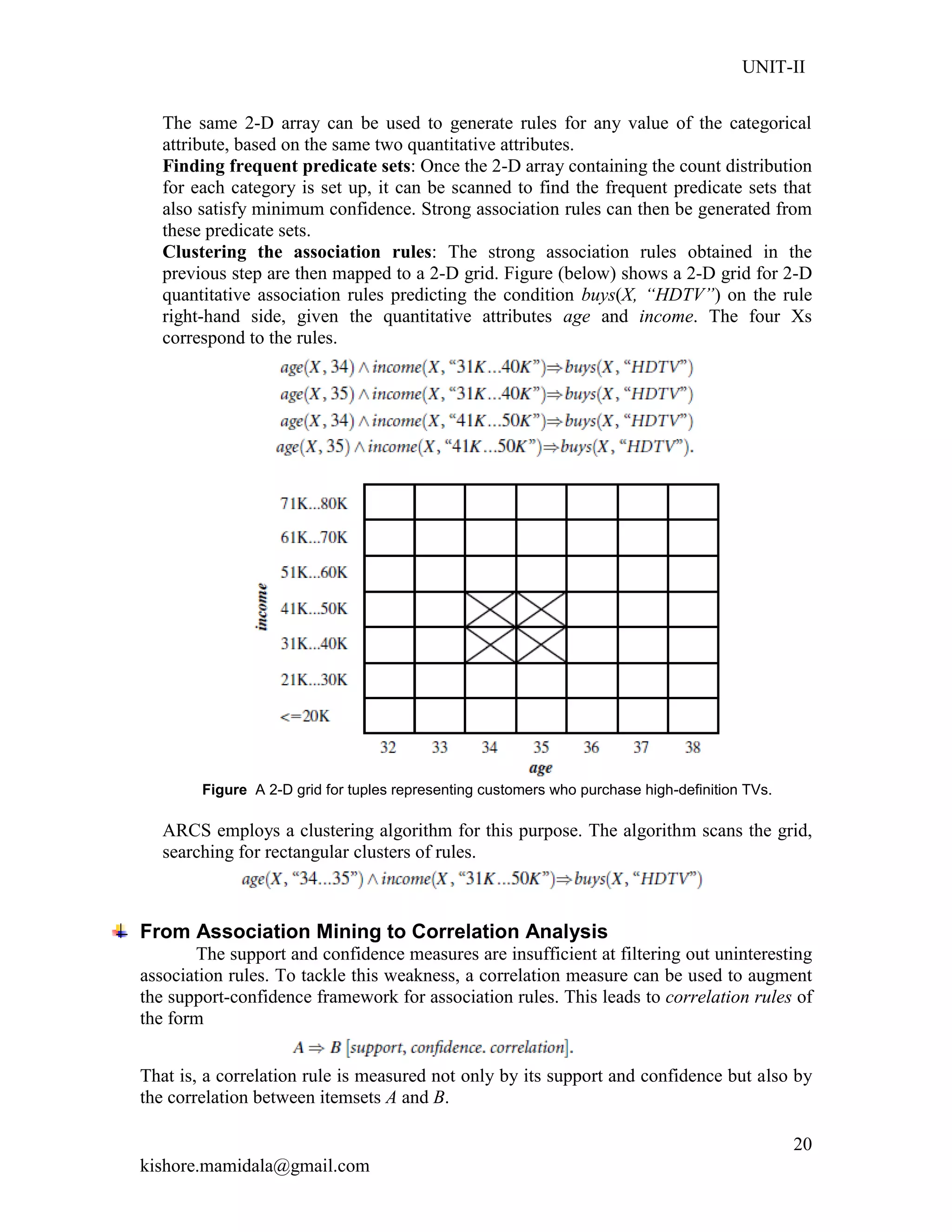 UNIT-II
kishore.mamidala@gmail.com
20
The same 2-D array can be used to generate rules for any value of the categorical
attribute, based on the same two quantitative attributes.
Finding frequent predicate sets: Once the 2-D array containing the count distribution
for each category is set up, it can be scanned to find the frequent predicate sets that
also satisfy minimum confidence. Strong association rules can then be generated from
these predicate sets.
Clustering the association rules: The strong association rules obtained in the
previous step are then mapped to a 2-D grid. Figure (below) shows a 2-D grid for 2-D
quantitative association rules predicting the condition buys(X, “HDTV”) on the rule
right-hand side, given the quantitative attributes age and income. The four Xs
correspond to the rules.
Figure A 2-D grid for tuples representing customers who purchase high-definition TVs.
ARCS employs a clustering algorithm for this purpose. The algorithm scans the grid,
searching for rectangular clusters of rules.
From Association Mining to Correlation Analysis
The support and confidence measures are insufficient at filtering out uninteresting
association rules. To tackle this weakness, a correlation measure can be used to augment
the support-confidence framework for association rules. This leads to correlation rules of
the form
That is, a correlation rule is measured not only by its support and confidence but also by
the correlation between itemsets A and B.
 