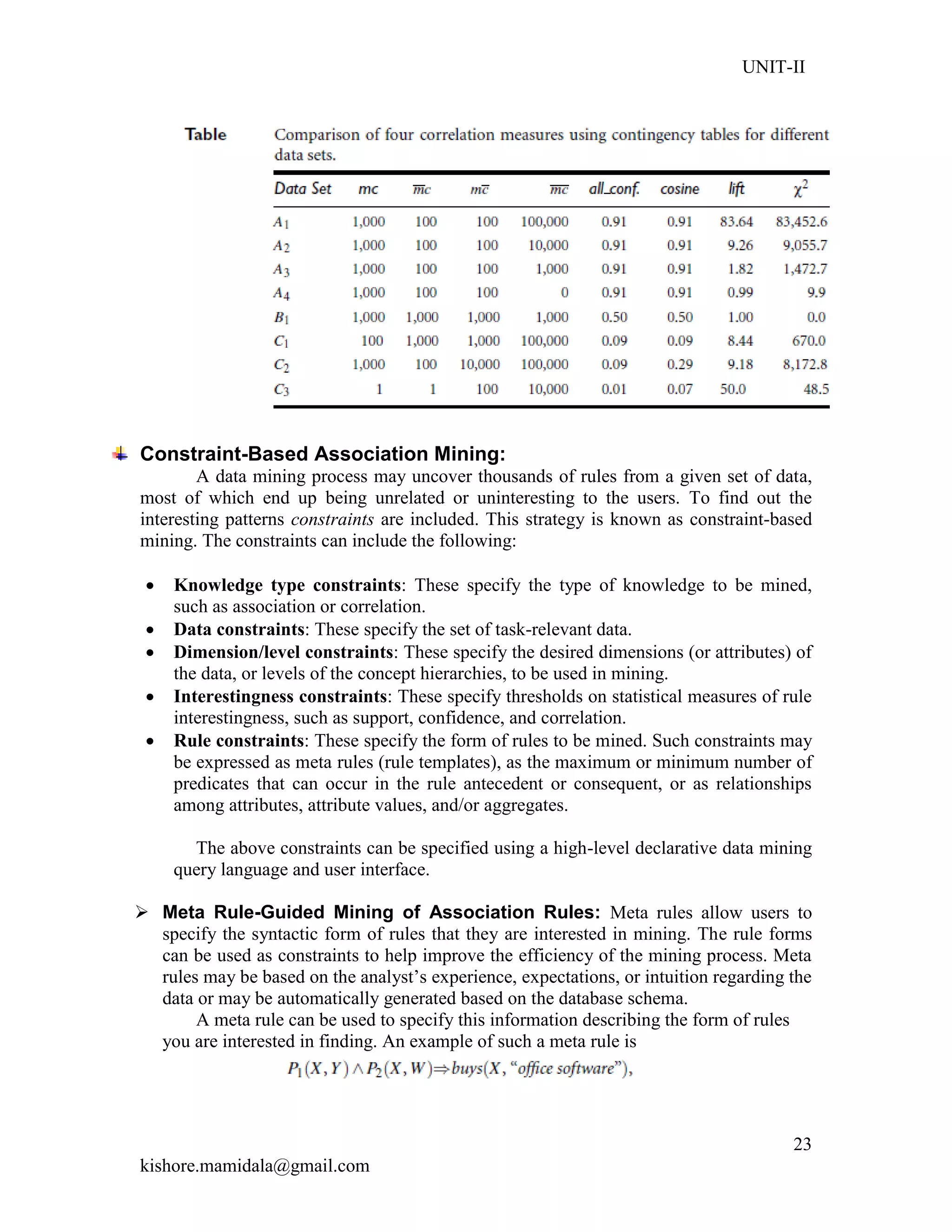 UNIT-II
kishore.mamidala@gmail.com
23
Constraint-Based Association Mining:
A data mining process may uncover thousands of rules from a given set of data,
most of which end up being unrelated or uninteresting to the users. To find out the
interesting patterns constraints are included. This strategy is known as constraint-based
mining. The constraints can include the following:
 Knowledge type constraints: These specify the type of knowledge to be mined,
such as association or correlation.
 Data constraints: These specify the set of task-relevant data.
 Dimension/level constraints: These specify the desired dimensions (or attributes) of
the data, or levels of the concept hierarchies, to be used in mining.
 Interestingness constraints: These specify thresholds on statistical measures of rule
interestingness, such as support, confidence, and correlation.
 Rule constraints: These specify the form of rules to be mined. Such constraints may
be expressed as meta rules (rule templates), as the maximum or minimum number of
predicates that can occur in the rule antecedent or consequent, or as relationships
among attributes, attribute values, and/or aggregates.
The above constraints can be specified using a high-level declarative data mining
query language and user interface.
 Meta Rule-Guided Mining of Association Rules: Meta rules allow users to
specify the syntactic form of rules that they are interested in mining. The rule forms
can be used as constraints to help improve the efficiency of the mining process. Meta
rules may be based on the analyst’s experience, expectations, or intuition regarding the
data or may be automatically generated based on the database schema.
A meta rule can be used to specify this information describing the form of rules
you are interested in finding. An example of such a meta rule is
 