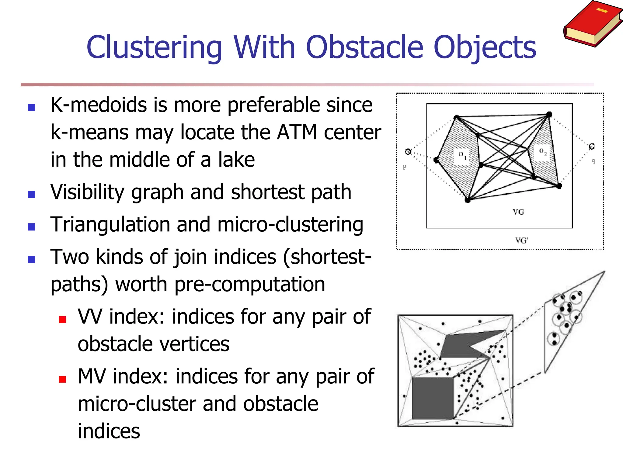 Clustering With Obstacle Objects
 K-medoids is more preferable since
k-means may locate the ATM center
in the middle of a lake
 Visibility graph and shortest path
 Triangulation and micro-clustering
 Two kinds of join indices (shortest-
paths) worth pre-computation
 VV index: indices for any pair of
obstacle vertices
 MV index: indices for any pair of
micro-cluster and obstacle
indices
 