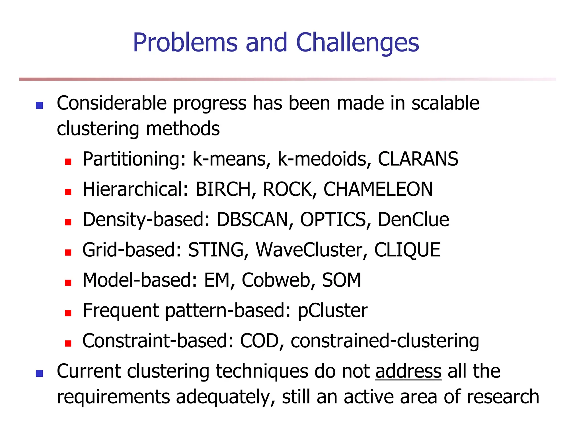 Problems and Challenges
 Considerable progress has been made in scalable
clustering methods
 Partitioning: k-means, k-medoids, CLARANS
 Hierarchical: BIRCH, ROCK, CHAMELEON
 Density-based: DBSCAN, OPTICS, DenClue
 Grid-based: STING, WaveCluster, CLIQUE
 Model-based: EM, Cobweb, SOM
 Frequent pattern-based: pCluster
 Constraint-based: COD, constrained-clustering
 Current clustering techniques do not address all the
requirements adequately, still an active area of research
 