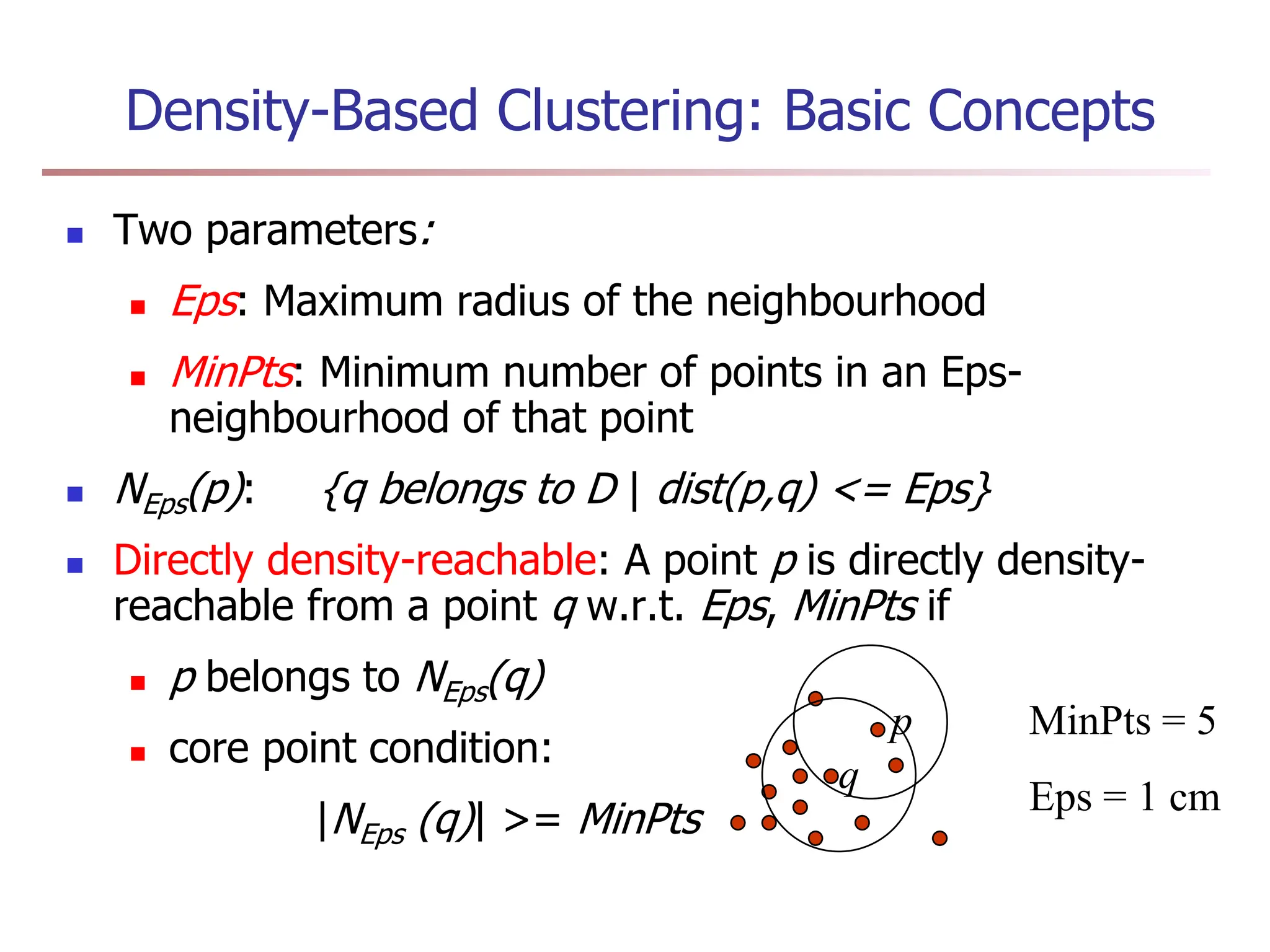 Density-Based Clustering: Basic Concepts
 Two parameters:
 Eps: Maximum radius of the neighbourhood
 MinPts: Minimum number of points in an Eps-
neighbourhood of that point
 NEps(p): {q belongs to D | dist(p,q) <= Eps}
 Directly density-reachable: A point p is directly density-
reachable from a point q w.r.t. Eps, MinPts if
 p belongs to NEps(q)
 core point condition:
|NEps (q)| >= MinPts
p
q
MinPts = 5
Eps = 1 cm
 