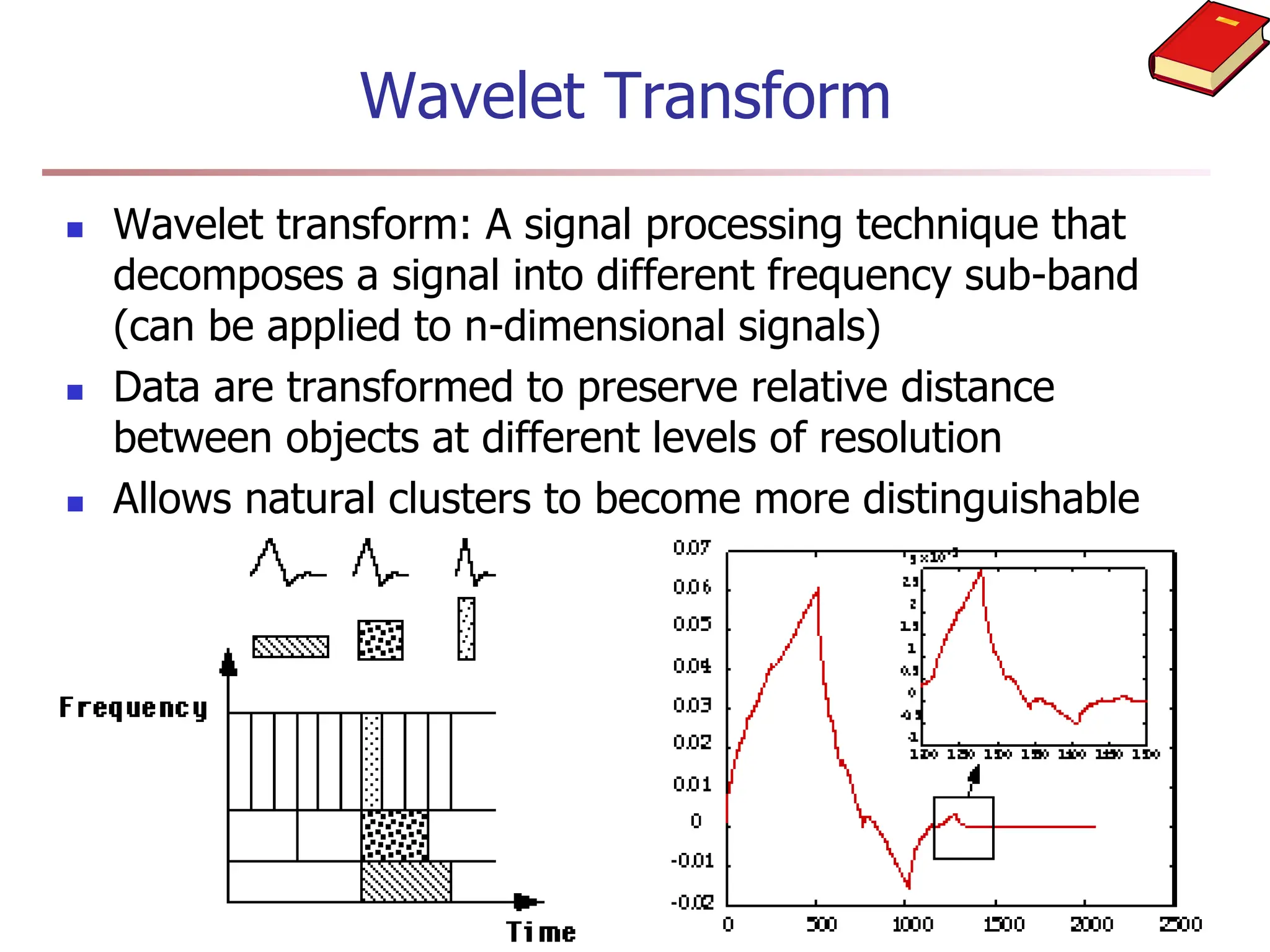Wavelet Transform
 Wavelet transform: A signal processing technique that
decomposes a signal into different frequency sub-band
(can be applied to n-dimensional signals)
 Data are transformed to preserve relative distance
between objects at different levels of resolution
 Allows natural clusters to become more distinguishable
 