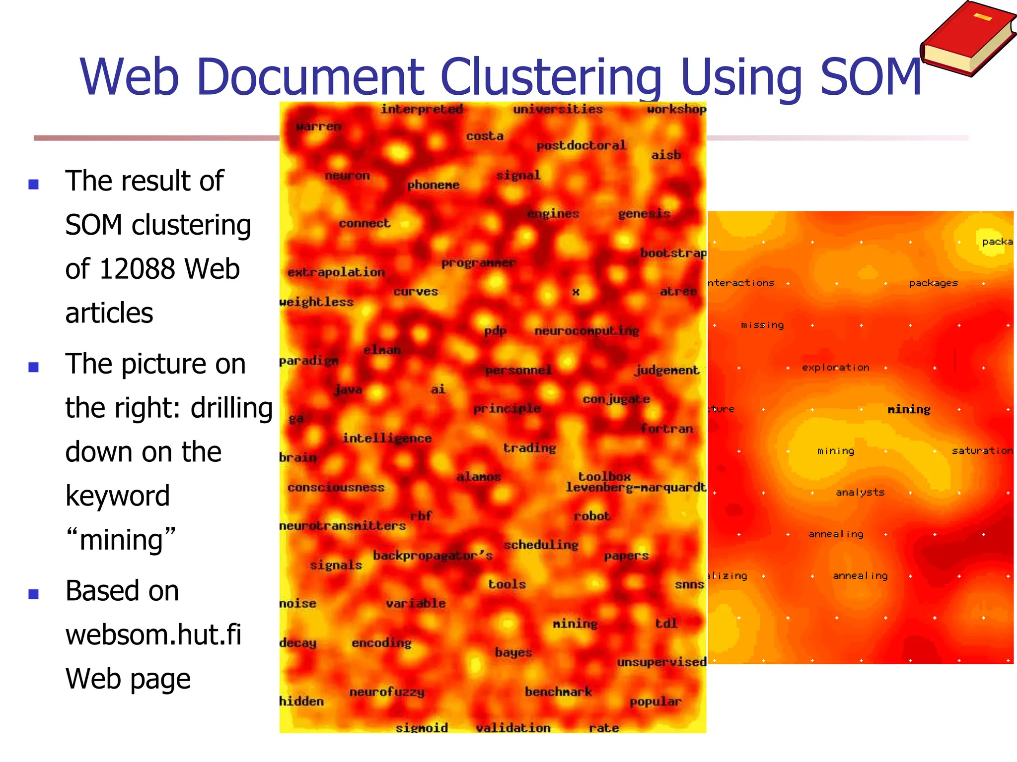Web Document Clustering Using SOM
 The result of
SOM clustering
of 12088 Web
articles
 The picture on
the right: drilling
down on the
keyword
“mining”
 Based on
websom.hut.fi
Web page
 