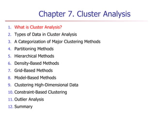 Chapter 7. Cluster Analysis
1. What is Cluster Analysis?
2. Types of Data in Cluster Analysis
3. A Categorization of Major Clustering Methods
4. Partitioning Methods
5. Hierarchical Methods
6. Density-Based Methods
7. Grid-Based Methods
8. Model-Based Methods
9. Clustering High-Dimensional Data
10. Constraint-Based Clustering
11. Outlier Analysis
12. Summary
 