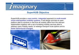 SuperHUB Objective

SuperHUB provides a user-centric, integrated approach to multi-modal
smart metropolitan mobility systems. It will design and test an open
platform able to combine in real time all mobility offers from the relevant
stakeholders together with a set of enabling mobility services able to
address users mobility needs, to redesign transport route options and to
foster behavioural changes.
 