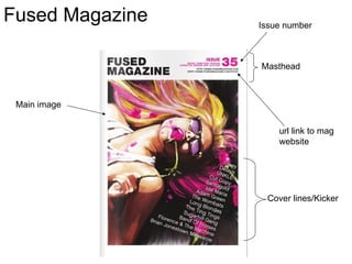 Fused Magazine Cover lines/Kicker Masthead Main image Issue number url link to mag website 