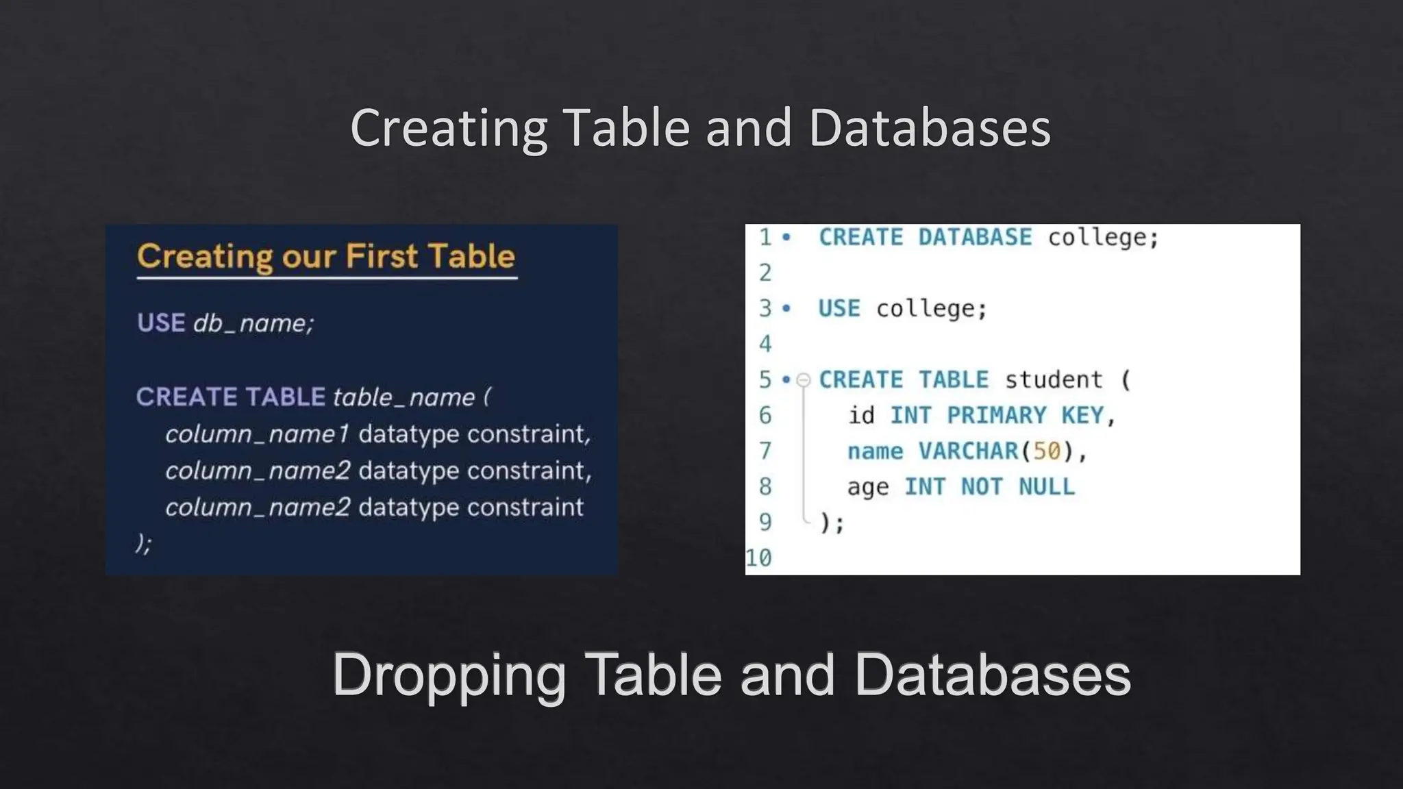 Creating Table and Databases
 