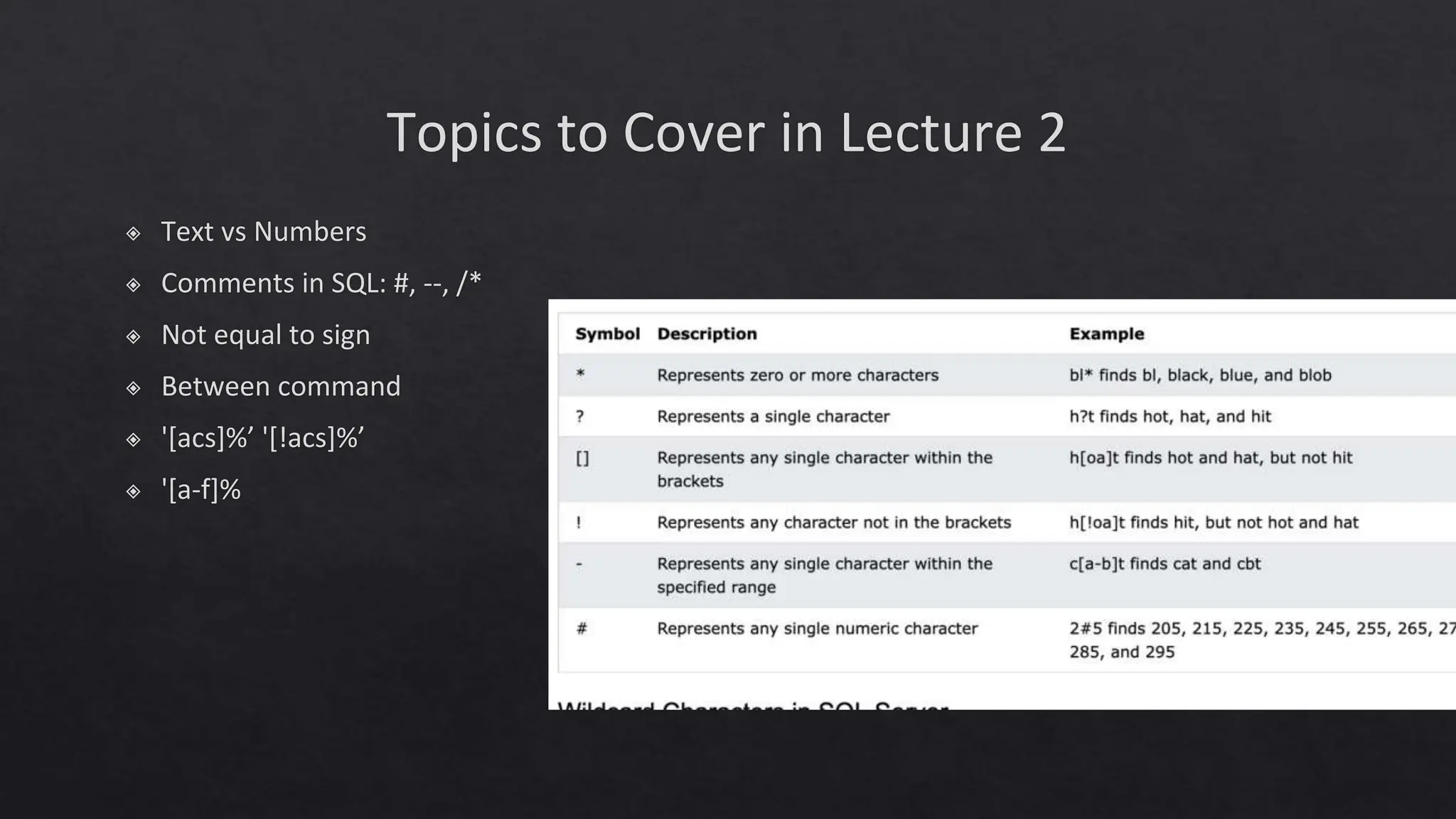 Topics to Cover in Lecture 2
◈ Text vs Numbers
◈ Comments in SQL: #, --, /*
◈ Not equal to sign
◈ Between command
◈ '[acs]%’ '[!acs]%’
◈ '[a-f]%
 