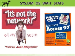 SYS.DM_OS_WAIT_STATS 
Great for pointing 
the finger at 
Network Admins! 
(just kidding) 
 