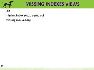 MISSING INDEXES VIEWS 
Lab 
missing index setup demo.sql 
missing indexes.sql 
47 
 