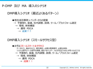 Copyright (C) , Akihiko Uchino All rights reserved.22
P-DMP 及び MA 導入のシナリオ
DMP導入シナリオ（最近よくあるパターン）
●他社成功事例＋ベンダーからの提案
→ 予算取り、稟議、社内調整、説得、ツール／プラットフォーム選定
→ 環境、体制構築
→ 運用 PDCA
→ 成果？？
DMP導入シナリオ（スモールサクセス型）
●まずはスモールスタート＆サクセス
データのこと、進め方のこと、優先順位、必要な環境要件、必要な体制、
システム部門とマーケ部門の調整、組むべきベンダー、などが完全ではないが色々みえてくる
→ 予算取り、稟議、社内調整、説得、ツール／プラットフォーム選定
→ 環境、体制構築
→ 運用 PDCA
→ 成果！！
 