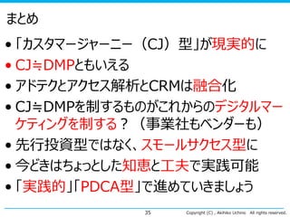 Copyright (C) , Akihiko Uchino All rights reserved.
まとめ
• 「カスタマージャーニー（CJ）型」が現実的に
• CJ≒DMPともいえる
• アドテクとアクセス解析とCRMは融合化
• CJ≒DMPを制するものがこれからのデジタルマー
ケティングを制する？（事業社もベンダーも）
• 先行投資型ではなく、スモールサクセス型に
• 今どきはちょっとした知恵と工夫で実践可能
• 「実践的」「PDCA型」で進めていきましょう
35
 