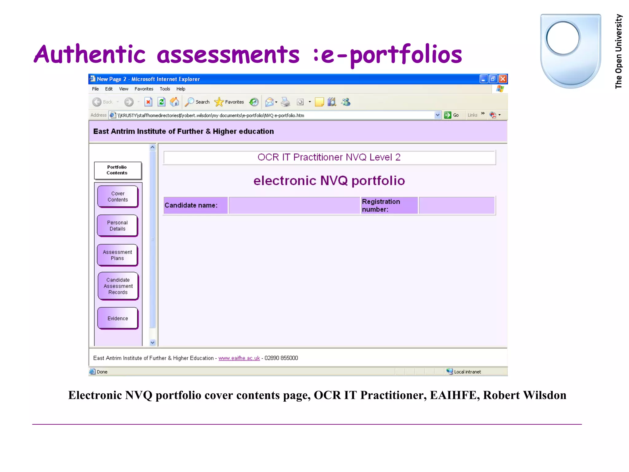 Authentic assessments :e-portfolios Electronic NVQ portfolio cover contents page, OCR IT Practitioner, EAIHFE, Robert Wilsdon 