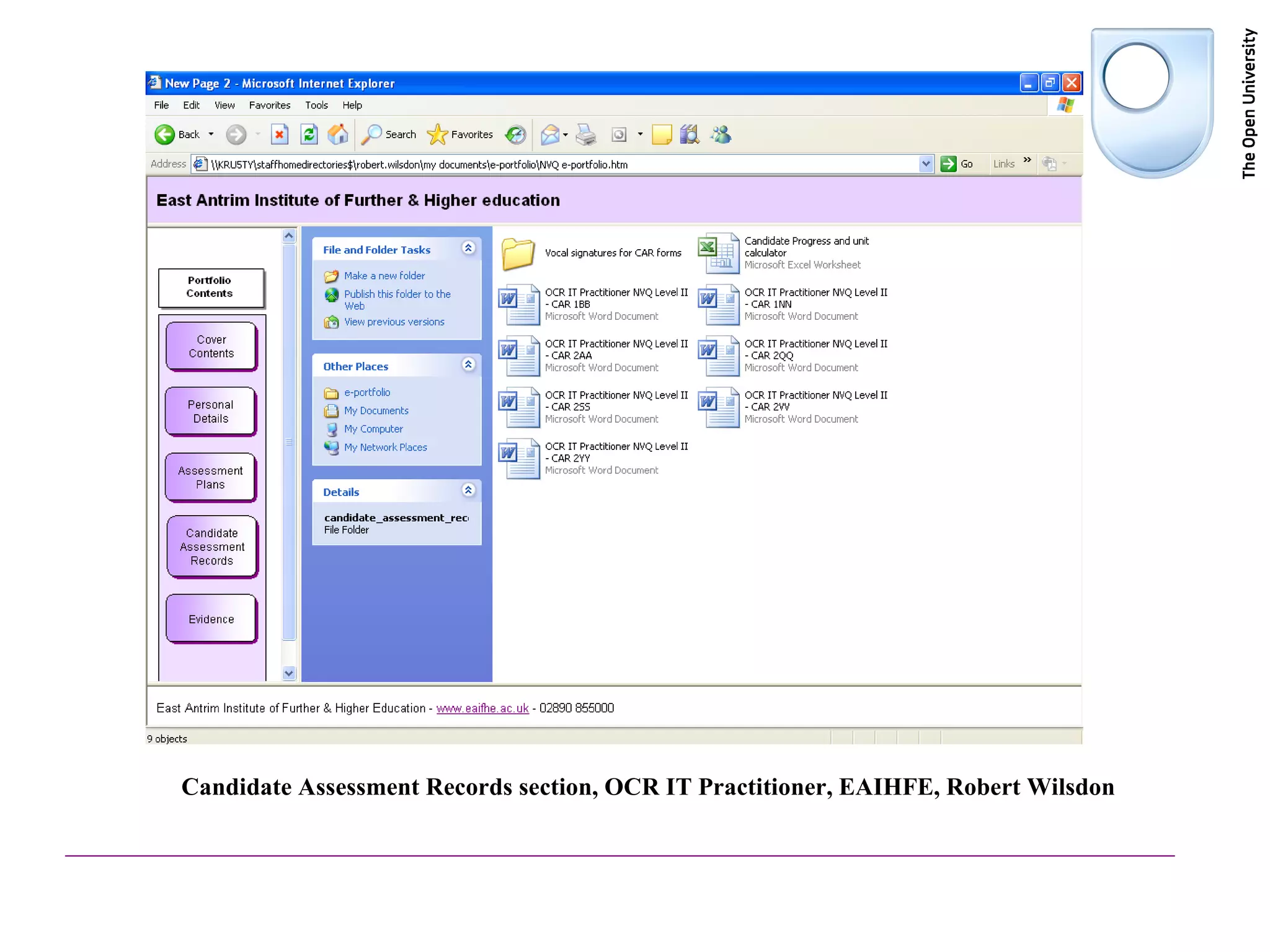Candidate Assessment Records section, OCR IT Practitioner, EAIHFE, Robert Wilsdon 