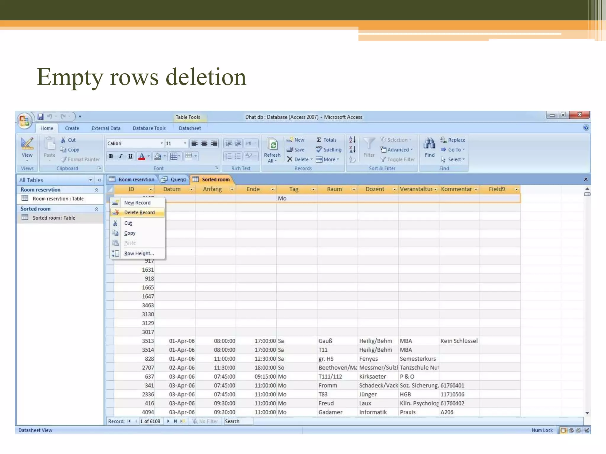 Sort data according to Date, Time and Room – Step 3