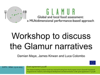 Grant agreement 311778
The research leading to these results has received funding from the European Union’s Seventh Framework
Programme for research, technological development and demonstration under grant agreement n° 311778
Workshop to discuss
the Glamur narratives
Damian Maye, James Kirwan and Luca Colombo
EXPO – Milan. 13.10.2015
 