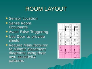 ROOM LAYOUT
 Sensor Location
 Sense Room
  Occupants
 Avoid False Triggering
 Use Door to provide
  shield
 Require Manufacturer
  to submit placement
  diagrams using their
  own sensitivity
  patterns
 