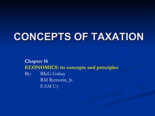 CONCEPTS OF TAXATION Chapter 16 ECONOMICS: its concepts and principles By:  BKG Gabay RM Remotin, Jr. EAM Uy 