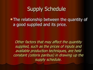 Supply Schedule The relationship between the quantity of a good supplied and its price. Other factors that may affect the quantity supplied, such as the prices of inputs and available production techniques, are held constant (ceteris paribus) in drawing up the supply schedule. 