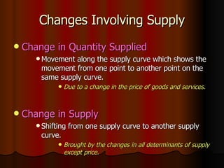 Changes Involving Supply Change in Quantity Supplied Movement along the supply curve which shows the movement from one point to another point on the same supply curve. Due to a change in the price of goods and services. Change in Supply Shifting from one supply curve to another supply curve. Brought by the changes in all determinants of supply except price. 