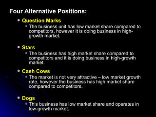 Four Alternative Positions: Question Marks The business unit has low market share compared to competitors, however it is doing business in high-growth market.  Stars The business has high market share compared to competitors and it is doing business in high-growth market.   Cash Cows The market is not very attractive – low market growth rate, however the business has high market share compared to competitors.  Dogs This business has low market share and operates in low-growth market.  