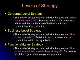 Levels of Strategy Corporate-Level Strategy The level of strategy concerned with the question,  “What business are we in?” .  Pertains to the organization as a whole and the combination of business units and product lines that make it up. Business-Level Strategy The level of strategy concerned with the question,  “How do we compete?” .  Pertains to each business unit or product line within the organization. Functional-Level Strategy The level of strategy concerned with the question,  “How do we support the business-level strategy?” .  Pertains to all of the organization’s major departments. 