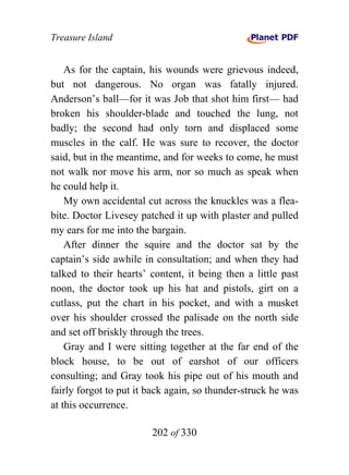 Treasure Island


    As for the captain, his wounds were grievous indeed,
but not dangerous. No organ was fatally injured.
Anderson’s ball—for it was Job that shot him first— had
broken his shoulder-blade and touched the lung, not
badly; the second had only torn and displaced some
muscles in the calf. He was sure to recover, the doctor
said, but in the meantime, and for weeks to come, he must
not walk nor move his arm, nor so much as speak when
he could help it.
    My own accidental cut across the knuckles was a flea-
bite. Doctor Livesey patched it up with plaster and pulled
my ears for me into the bargain.
    After dinner the squire and the doctor sat by the
captain’s side awhile in consultation; and when they had
talked to their hearts’ content, it being then a little past
noon, the doctor took up his hat and pistols, girt on a
cutlass, put the chart in his pocket, and with a musket
over his shoulder crossed the palisade on the north side
and set off briskly through the trees.
    Gray and I were sitting together at the far end of the
block house, to be out of earshot of our officers
consulting; and Gray took his pipe out of his mouth and
fairly forgot to put it back again, so thunder-struck he was
at this occurrence.

                        202 of 330
 