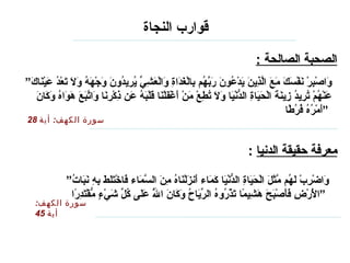 قوارب النجاة   الصحبة الصالحة  :   ” وَاصْبِرْ نَفْسَكَ مَعَ الَّذِينَ يَدْعُونَ رَبَّهُم بِالْغَدَاةِ وَالْعَشِيِّ يُرِيدُونَ وَجْهَهُ وَلَا تَعْدُ عَيْنَاكَ عَنْهُمْ تُرِيدُ زِينَةَ الْحَيَاةِ الدُّنْيَا وَلَا تُطِعْ مَنْ أَغْفَلْنَا قَلْبَهُ عَن ذِكْرِنَا وَاتَّبَعَ هَوَاهُ وَكَانَ أَمْرُهُ فُرُطًا “   سورة الكهف :  أية  28 معرفة حقيقة الدنيا   : سورة الكهف :  أية  45 ” وَاضْرِبْ لَهُم مَّثَلَ الْحَيَاةِ الدُّنْيَا كَمَاء أَنزَلْنَاهُ مِنَ السَّمَاء فَاخْتَلَطَ بِهِ نَبَاتُ الْأَرْضِ فَأَصْبَحَ هَشِيمًا تَذْرُوهُ الرِّيَاحُ وَكَانَ اللَّهُ عَلَى كُلِّ شَيْءٍ مُّقْتَدِرًا “   