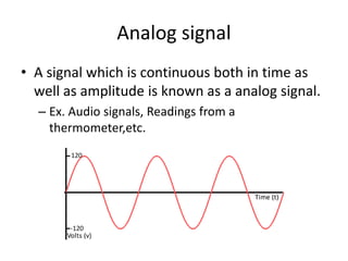 Analog signal
• A signal which is continuous both in time as
well as amplitude is known as a analog signal.
– Ex. Audio signals, Readings from a
thermometer,etc.
 