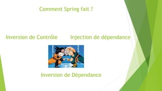 Inversion de Contrôle
Comment Spring fait ?
Injection de dépendance
Inversion de Dépendance
 